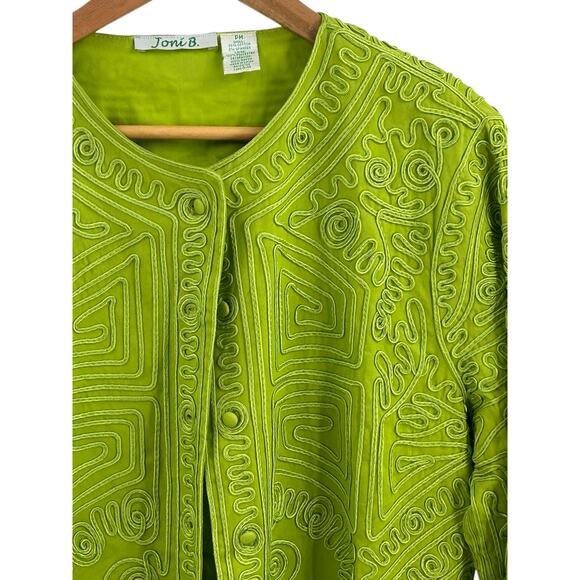 Joni B Lime Green Geometric Embroidered Jacket PM Trapeze Blazer Boxy - Picture 8 of 8